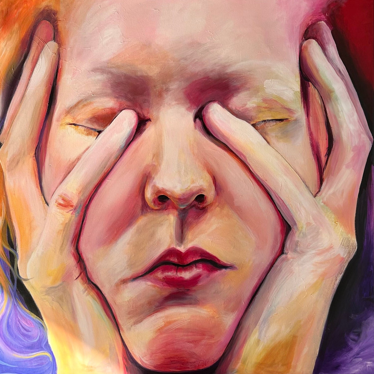 Modernes Original Sammler Kunstwerk eines Gesichts mit geschlossenen Augen und zwei Händen die den Kopf halten mit Acrylfarben auf Leinwand