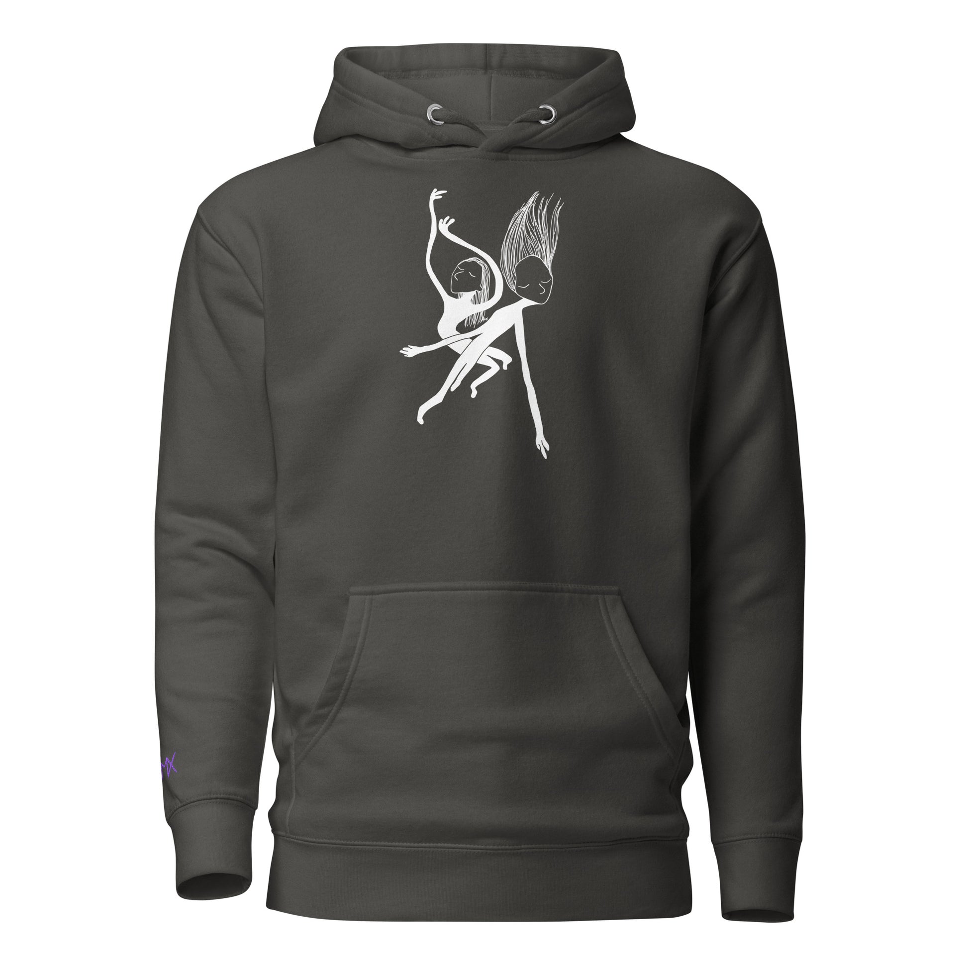 Unisex Hoodie vorne mit Kunstprint Swing von PIMA, illustrierte Figuren auf weichem Stoff in Grau