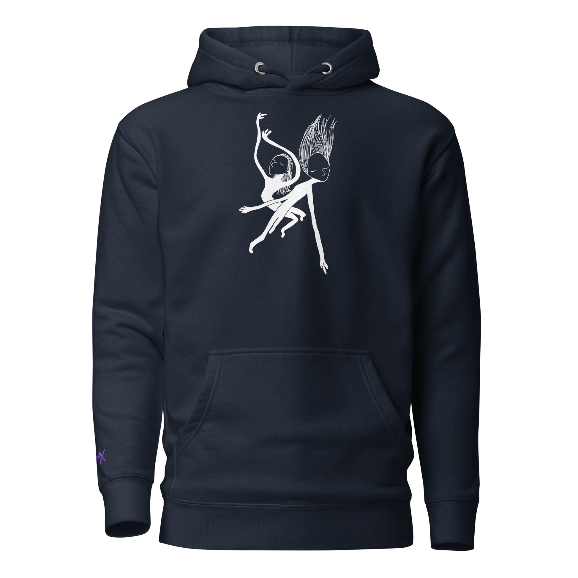 Unisex Hoodie vorne mit Kunstprint Swing von PIMA, illustrierte Figuren auf weichem Stoff in Navy