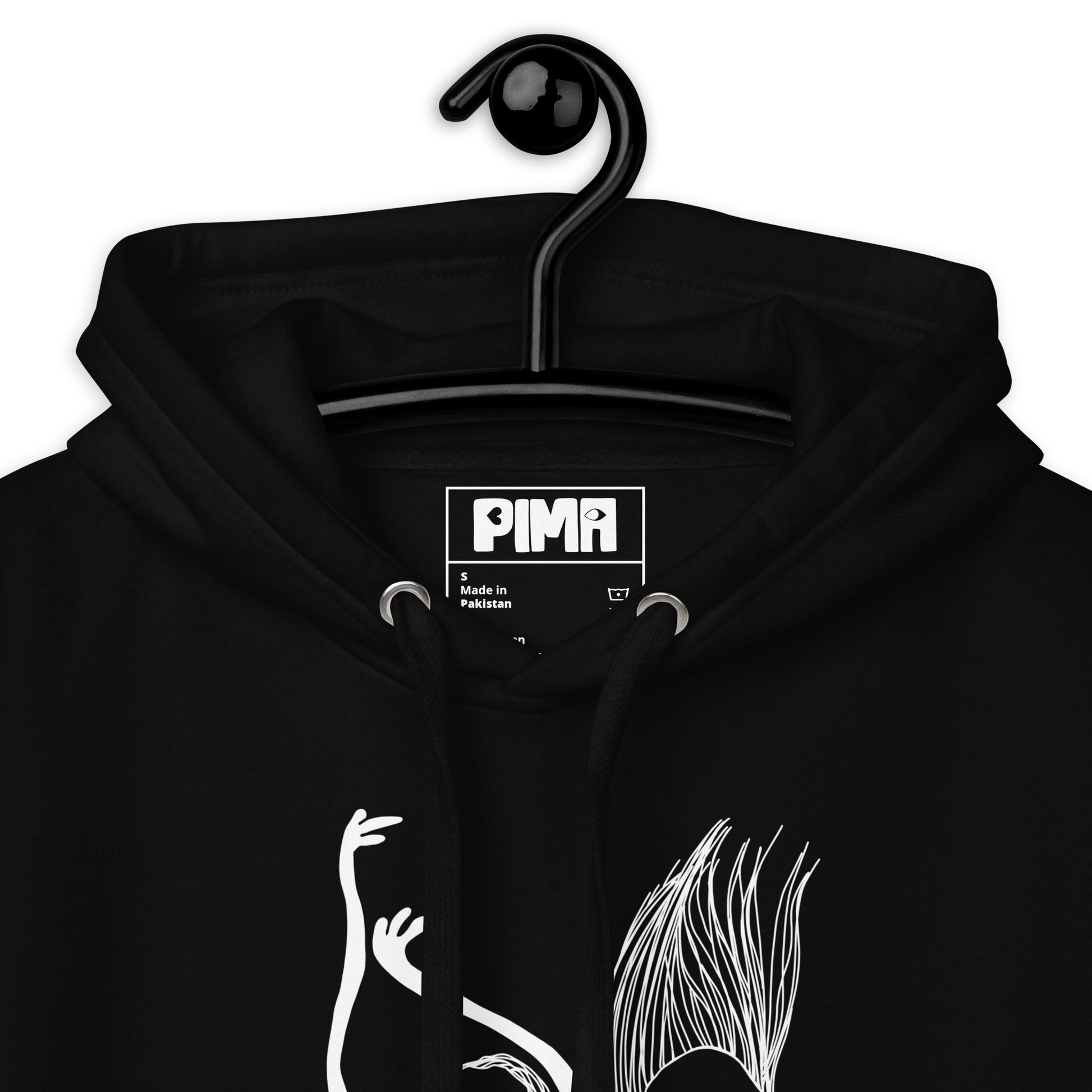 Label Unisex Hoodie vorne mit Kunstprint Swing von PIMA, illustrierte Figuren auf weichem Stoff in Schwarz
