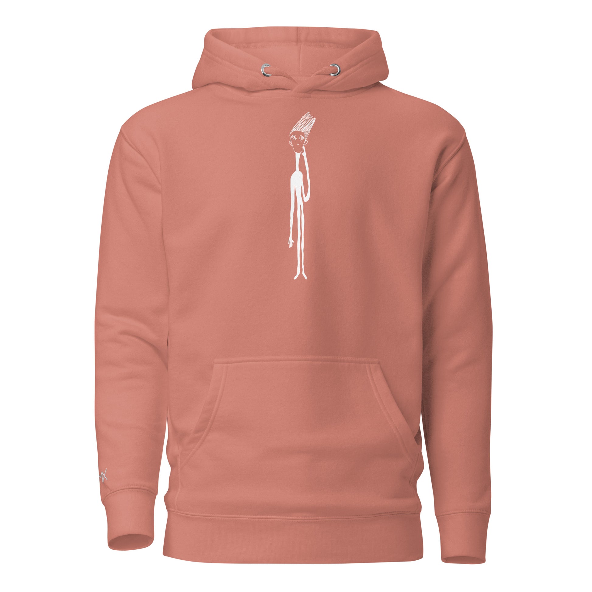 Unisex Hoodie mit Kunstprint THINK von PIMA, handillustrierte Figur auf weichem Stoff in Altrosa