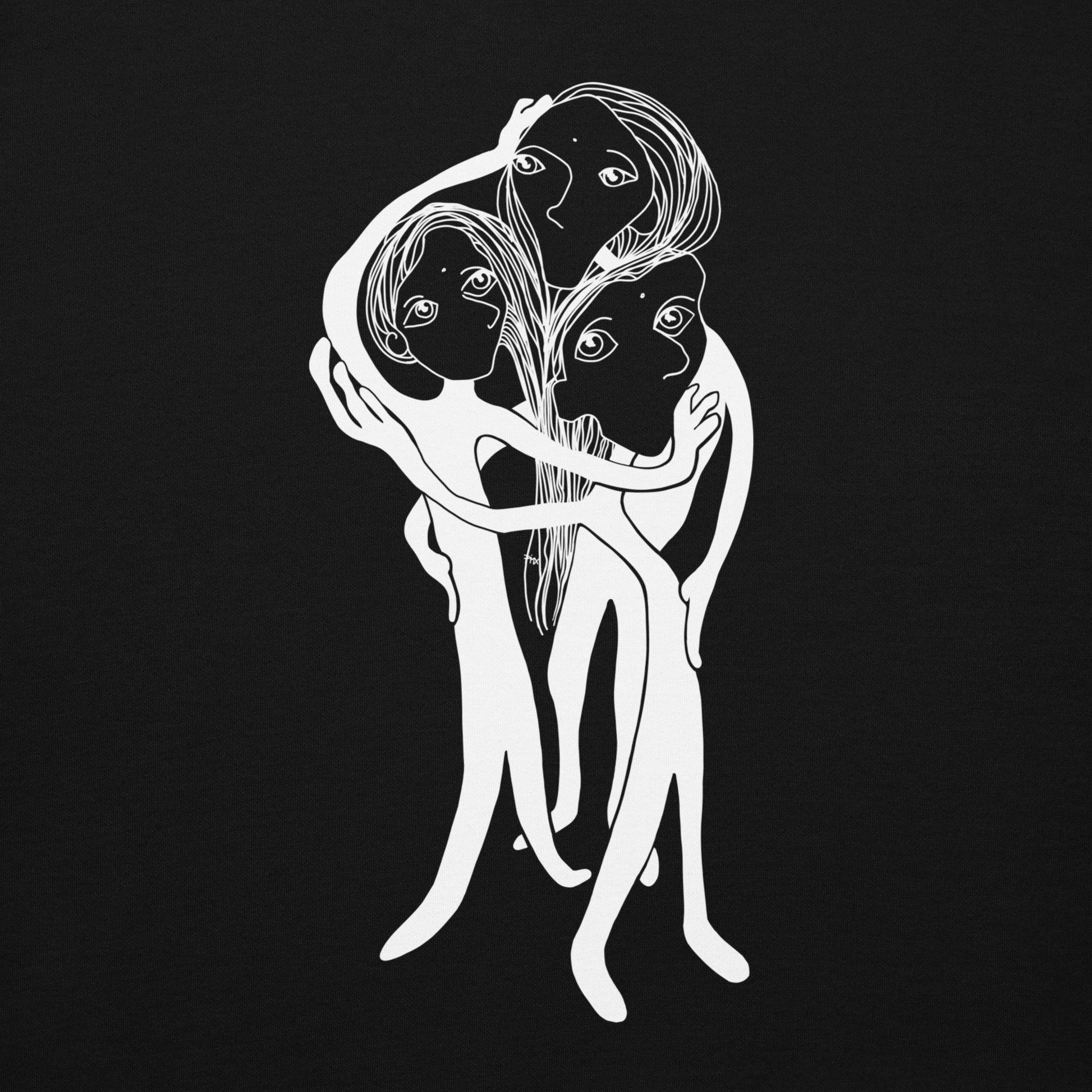 Detail Kunstprint auf Hoodie vorne von PIMA, illustrierte Figuren auf weichem Stoff in Schwarz