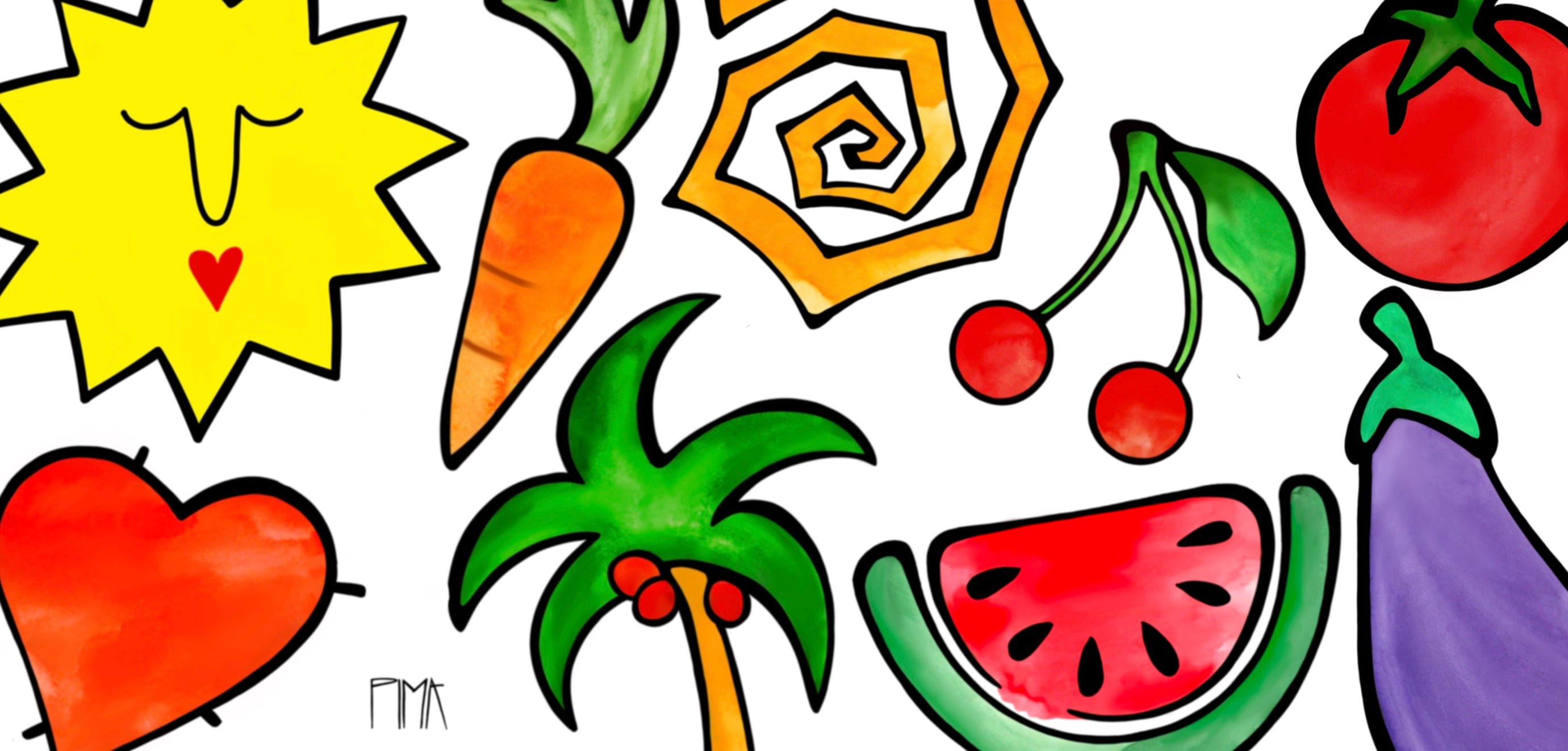 Bunt Illustriertes Obst und Gemüse sowie Palme, Sonne und Herz