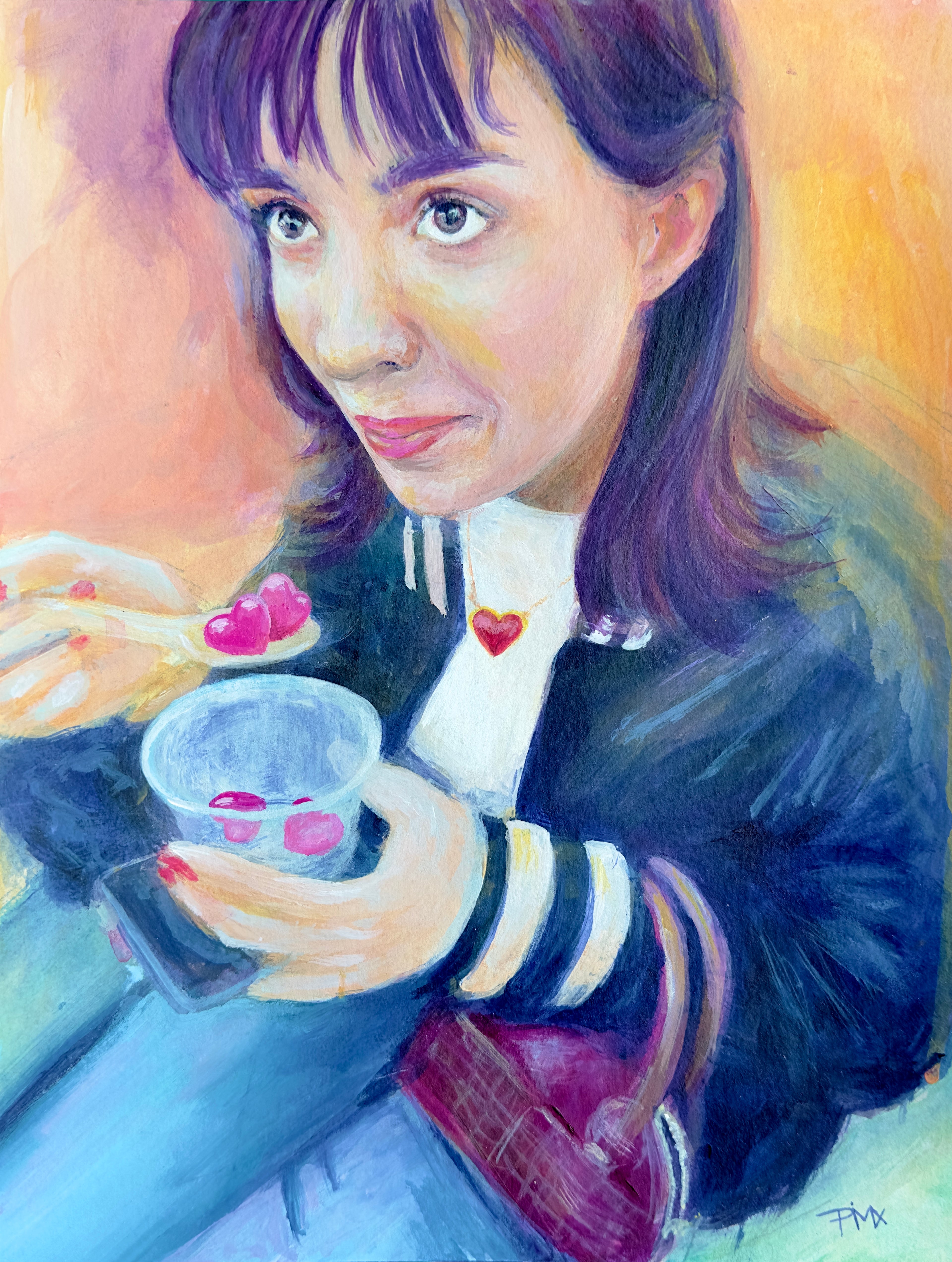 Handgemalte besondere Unikat Portraitmalerei mit bunten Farben von einem Mädchen dass Pinke Herzen mit einem Löffel aus einem Becher isst und einer Berry Tasche
