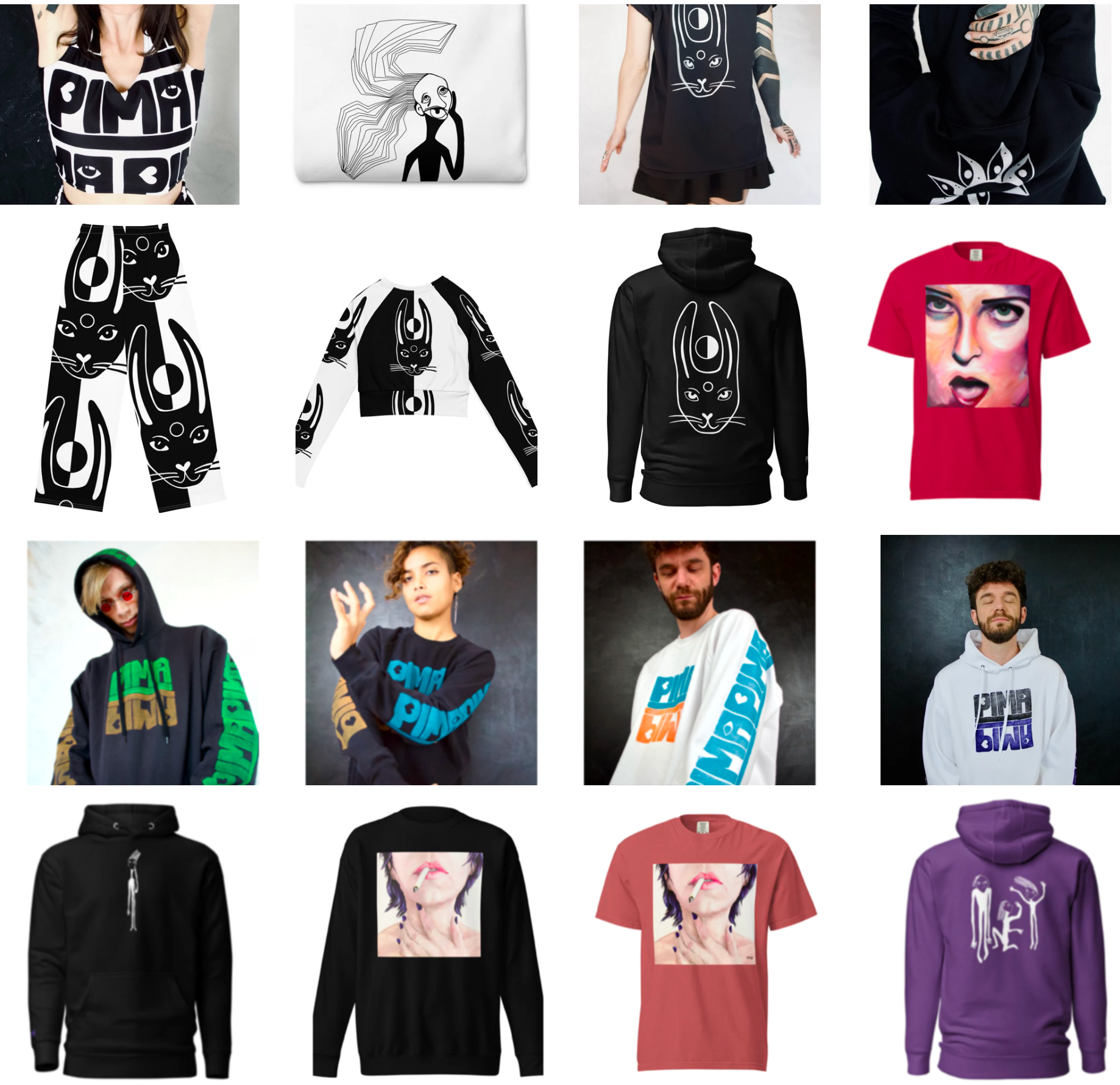 Sammlung verschiedener unisex Kleidungsstücke mit Kunstwerken und Hasen Designs von Pima