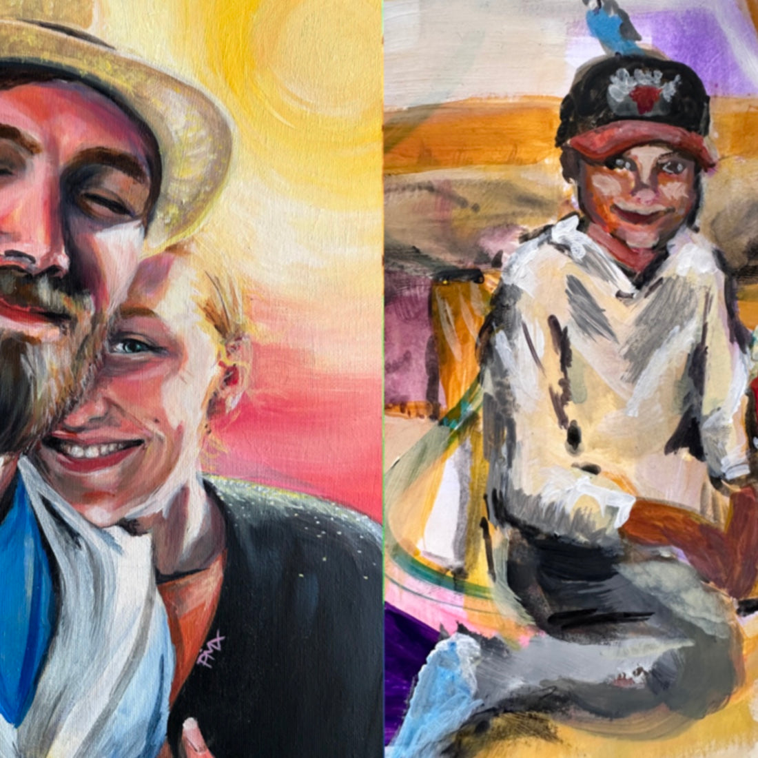 Individuelle Malerei und Portraitmalerei eines Kindes mit Wellensittich und ein Hochzeitspaar als Geschenk für besondere Anlässe