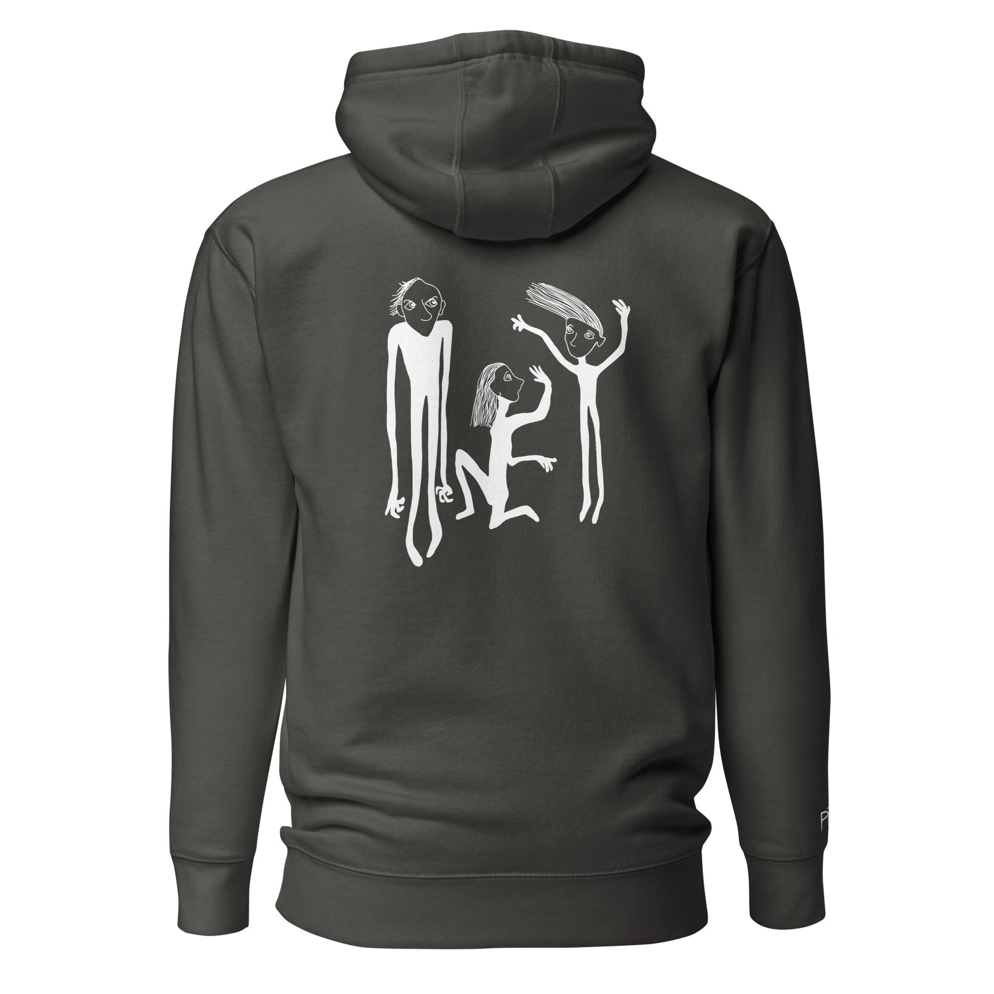 Unisex Hoodie hinten mit Kunstprint STREITSCHLICHTER von PIMA, illustrierte Figuren auf weichem Stoff in Grau