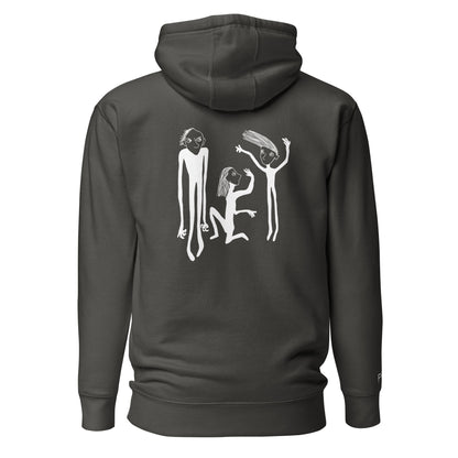 Unisex Hoodie hinten mit Kunstprint STREITSCHLICHTER von PIMA, illustrierte Figuren auf weichem Stoff in Grau