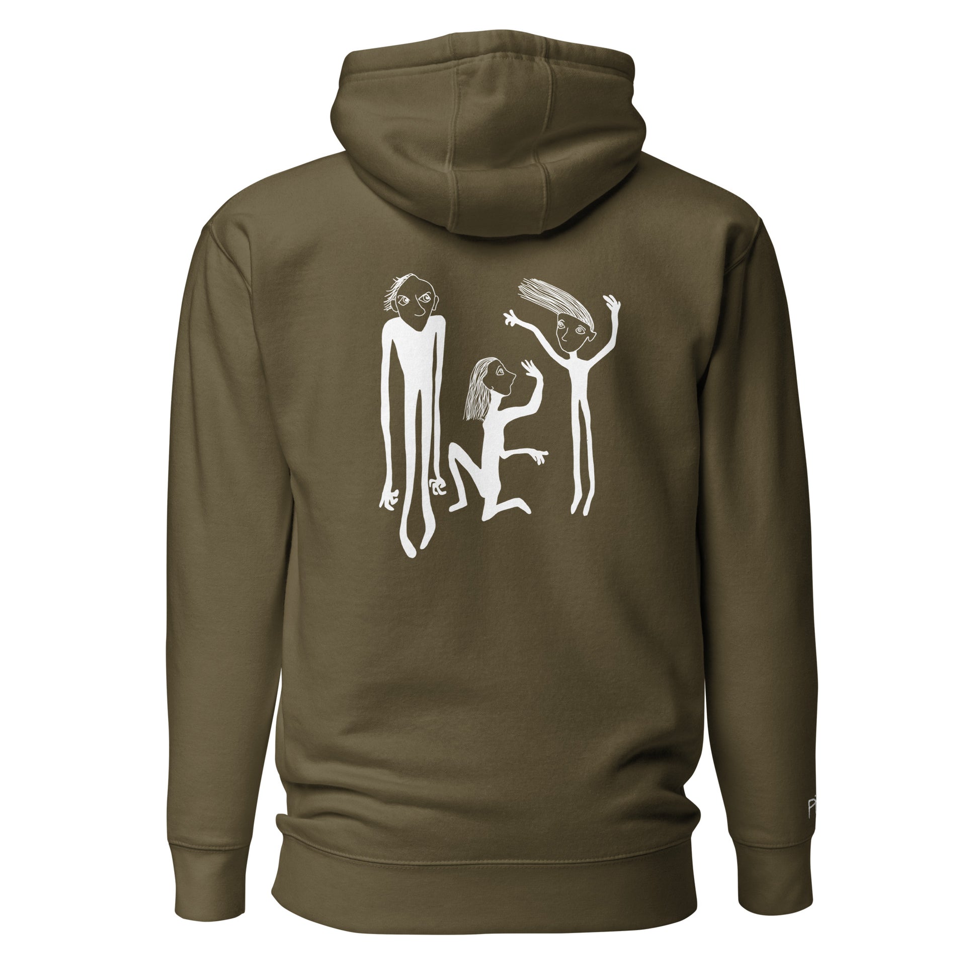 Unisex Hoodie hinten mit Kunstprint STREITSCHLICHTER von PIMA, illustrierte Figuren auf weichem Stoff in Militärgrün