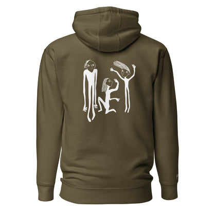 Unisex Hoodie hinten mit Kunstprint STREITSCHLICHTER von PIMA, illustrierte Figuren auf weichem Stoff in Militärgrün