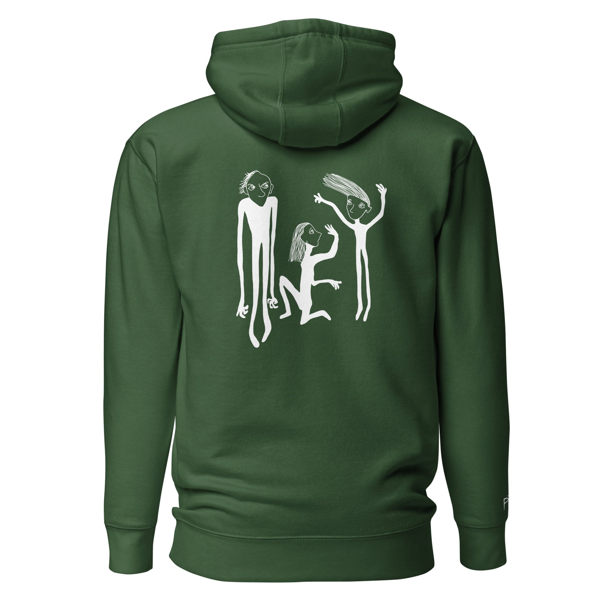 Unisex Hoodie hinten mit Kunstprint STREITSCHLICHTER von PIMA, illustrierte Figuren auf weichem Stoff in Wald-Grün