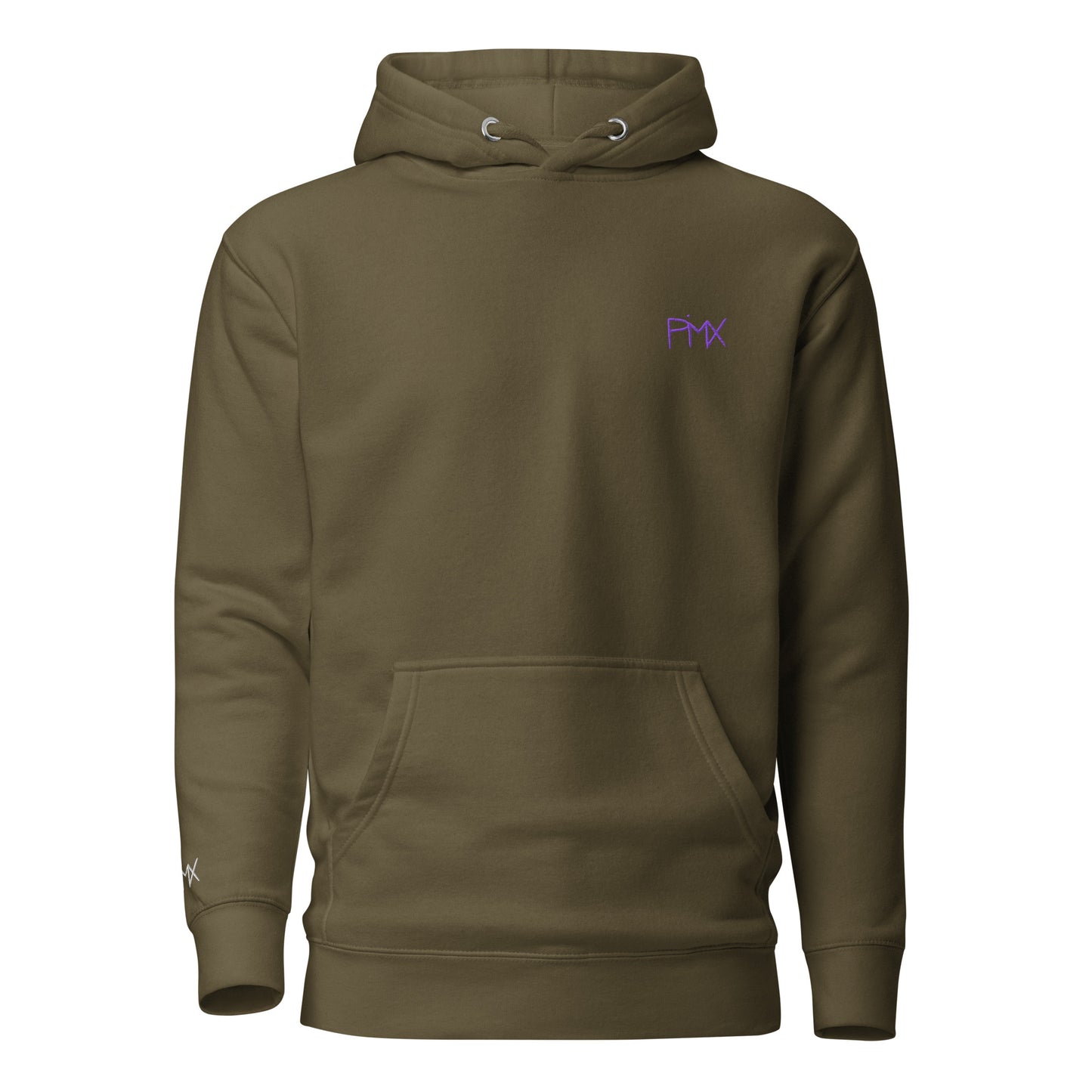 Unisex Hoodie vorne mit Kunstprint und Stickerei von PIMA, illustrierte Figuren auf weichem Stoff in Militärgrün