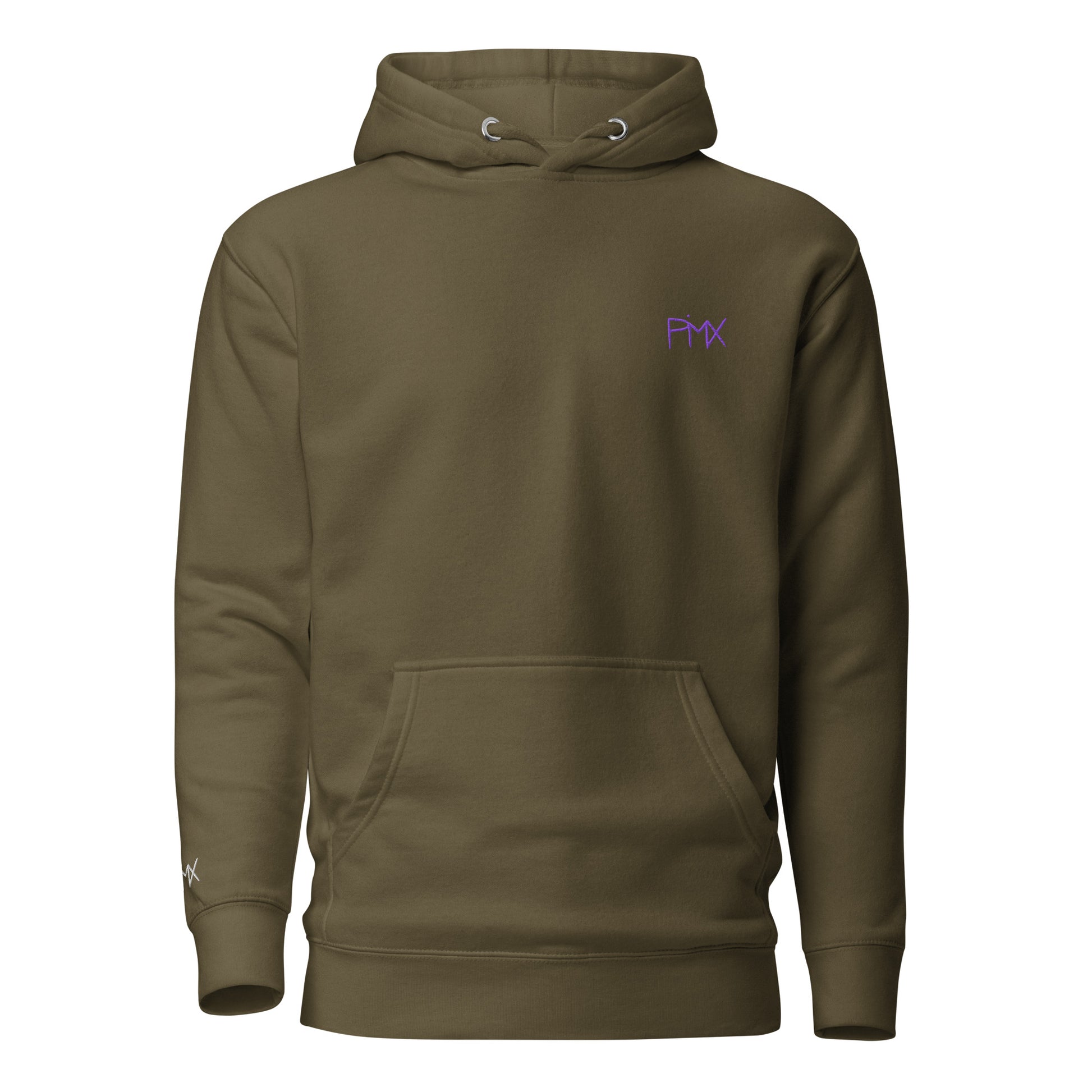 Unisex Hoodie vorne mit Kunstprint und Stickerei von PIMA, illustrierte Figuren auf weichem Stoff in Militärgrün