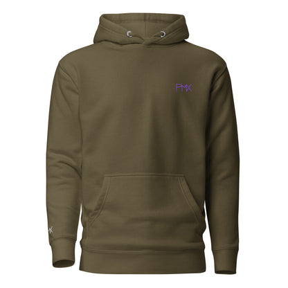 Unisex Hoodie vorne mit Kunstprint und Stickerei von PIMA, illustrierte Figuren auf weichem Stoff in Militärgrün