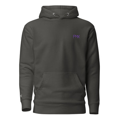 Unisex Hoodie vorne mit Kunstprint und Stickerei von PIMA, illustrierte Figuren auf weichem Stoff in Grau