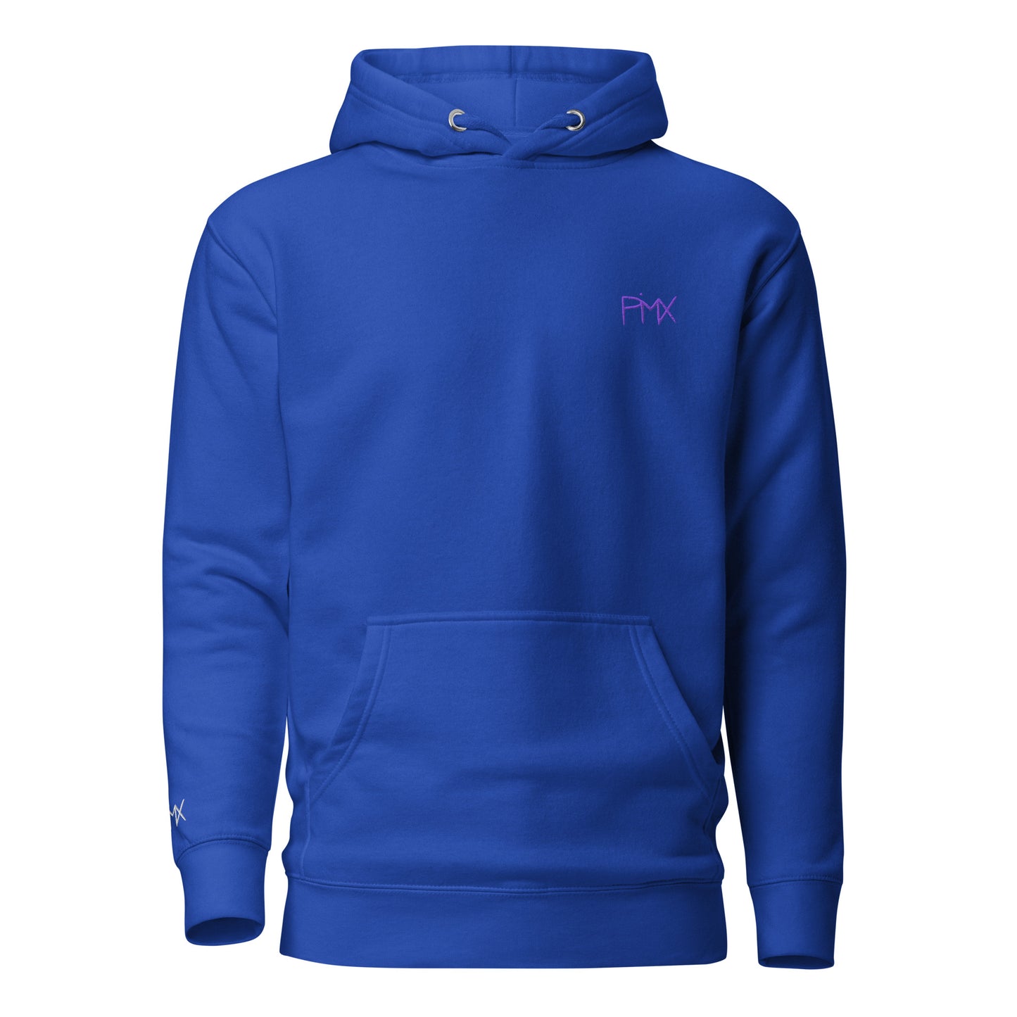 Unisex Hoodie vorne mit Kunstprint und Stickerei von PIMA, illustrierte Figuren auf weichem Stoff in Royal Blau