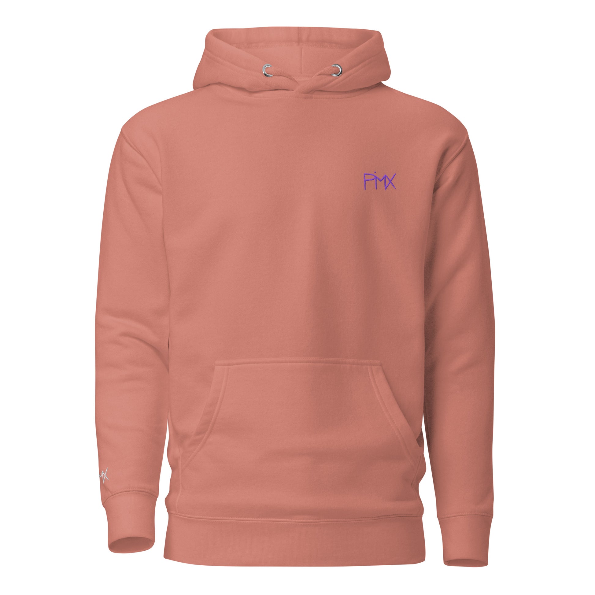 Unisex Hoodie vorne mit Kunstprint und Stickerei von PIMA, illustrierte Figuren auf weichem Stoff in Rosa