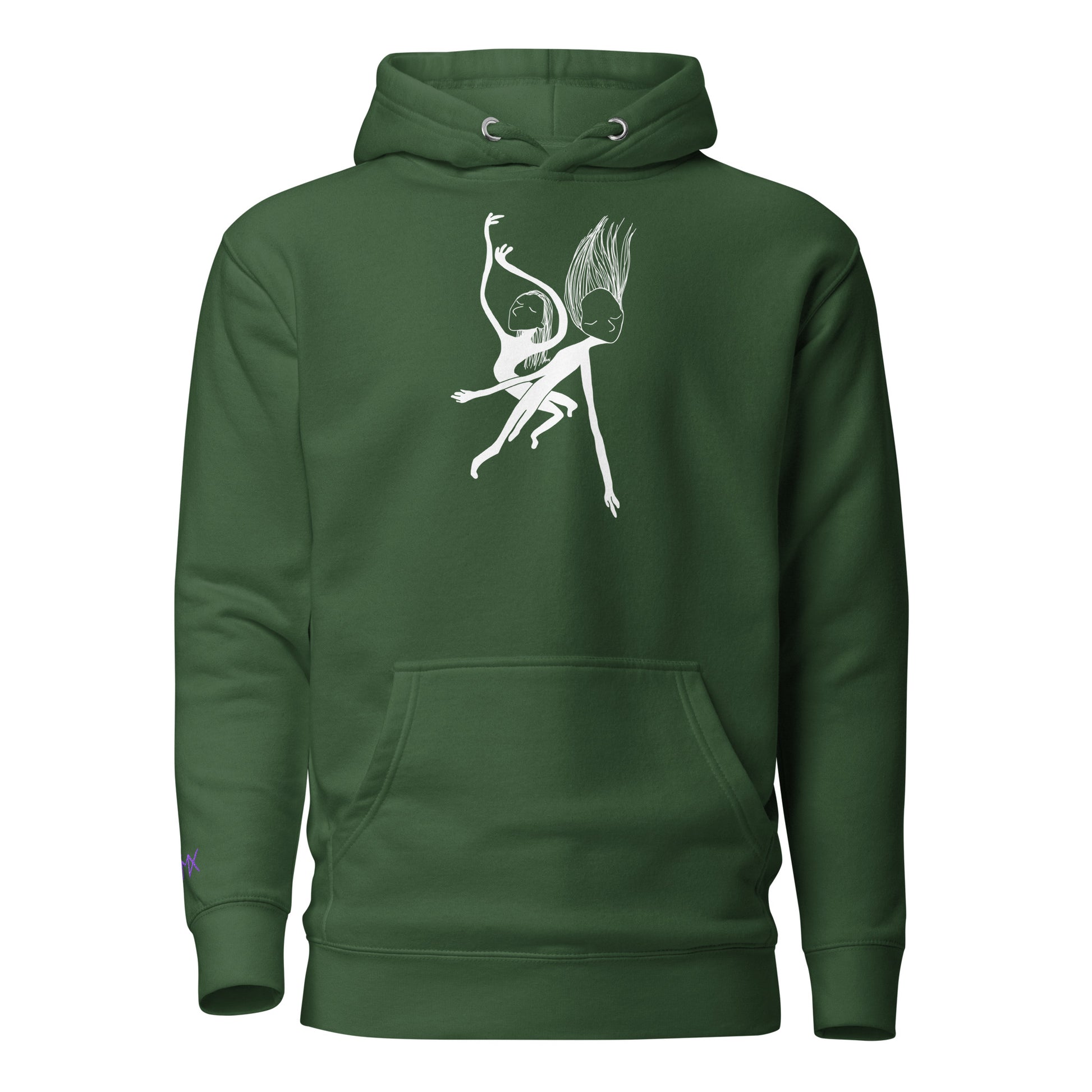 Unisex Hoodie vorne mit Kunstprint Swing von PIMA, illustrierte Figuren auf weichem Stoff in Wald-Grün 