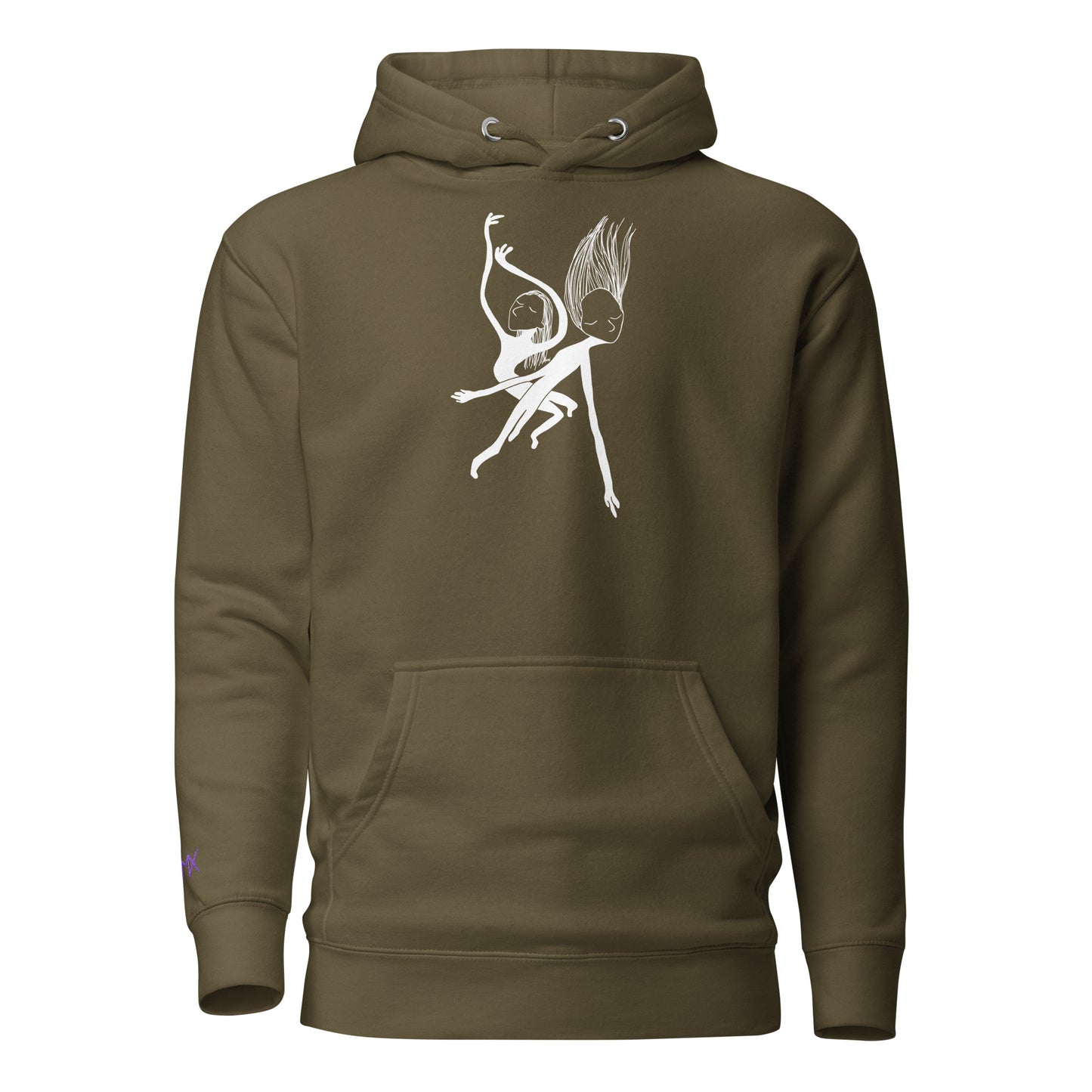 Unisex Hoodie vorne mit Kunstprint Swing von PIMA, illustrierte Figuren auf weichem Stoff in Grün