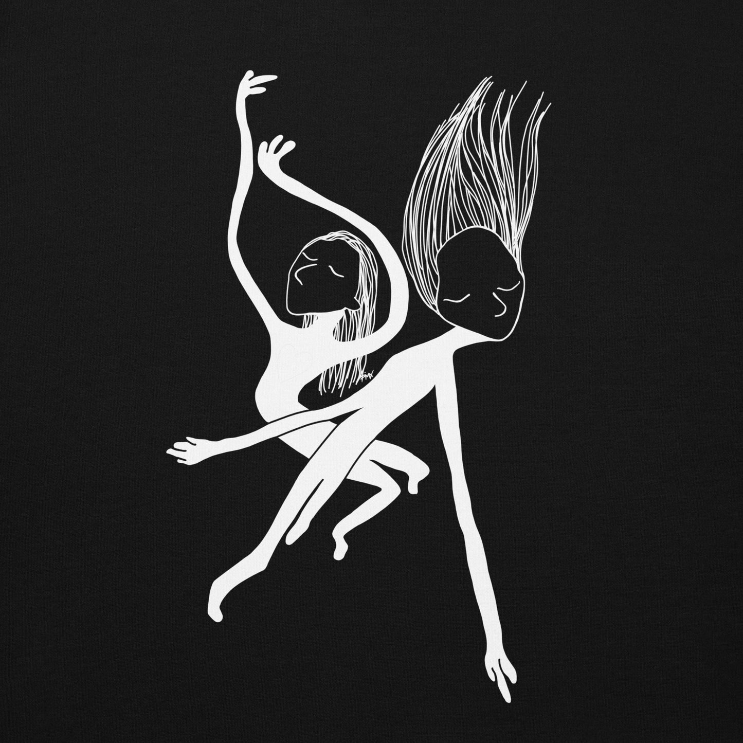 Detail von Unisex Hoodie vorne mit Kunstprint Swing von PIMA, illustrierte Figuren auf weichem Stoff in Schwarz