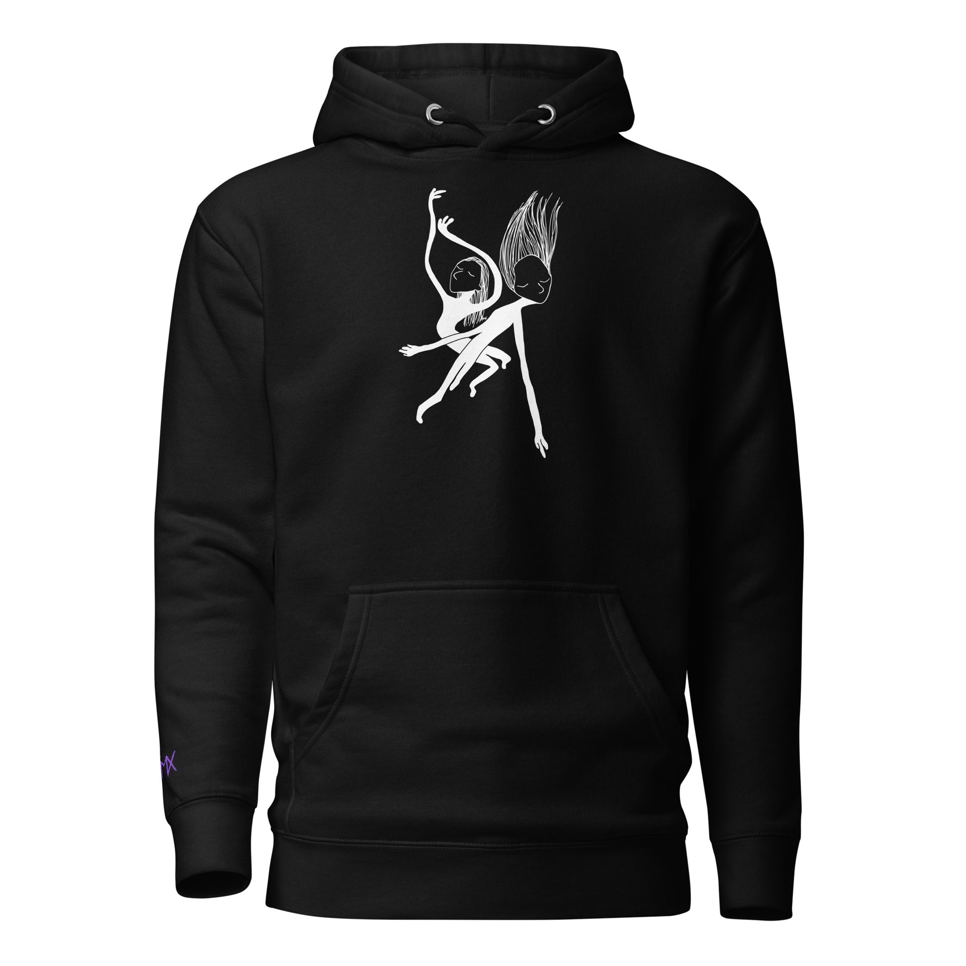 Unisex Hoodie vorne mit Kunstprint Swing von PIMA, illustrierte Figuren auf weichem Stoff in Schwarz