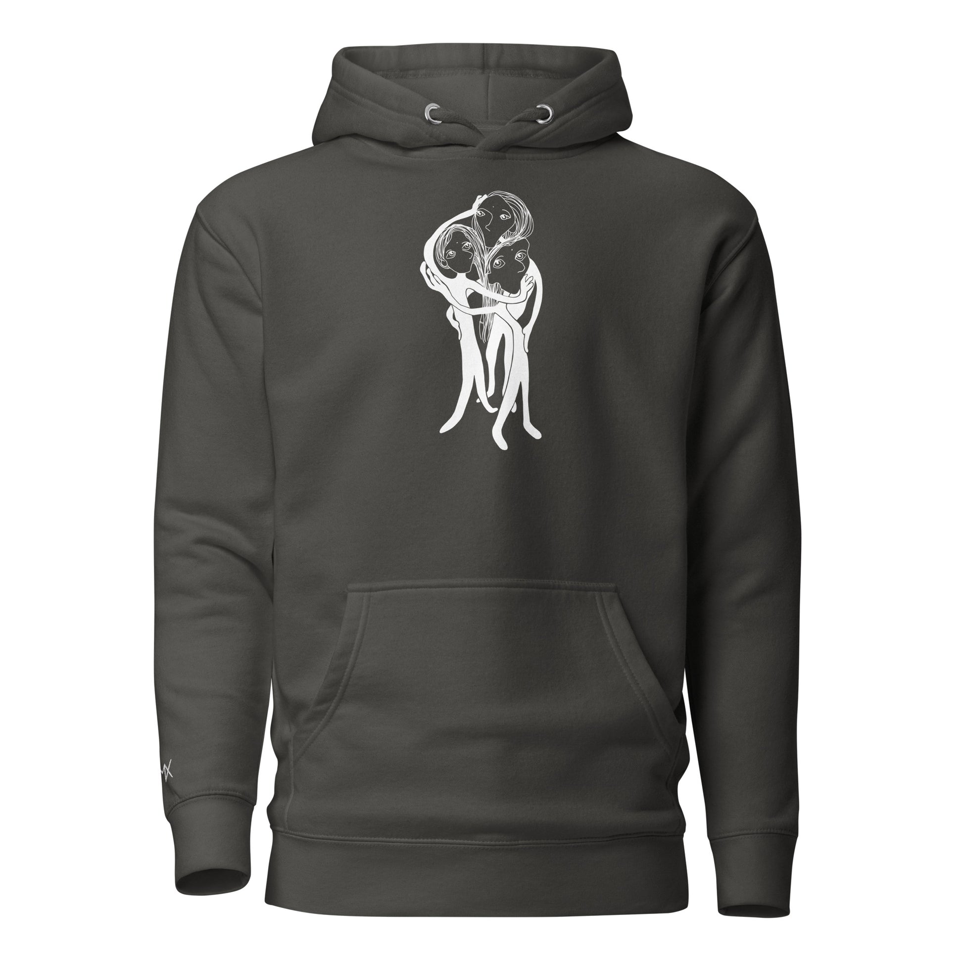 Kunstprint auf Hoodie vorne von PIMA, illustrierte Figuren auf weichem Stoff in Grau