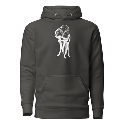 Kunstprint auf Hoodie vorne von PIMA, illustrierte Figuren auf weichem Stoff in Grau