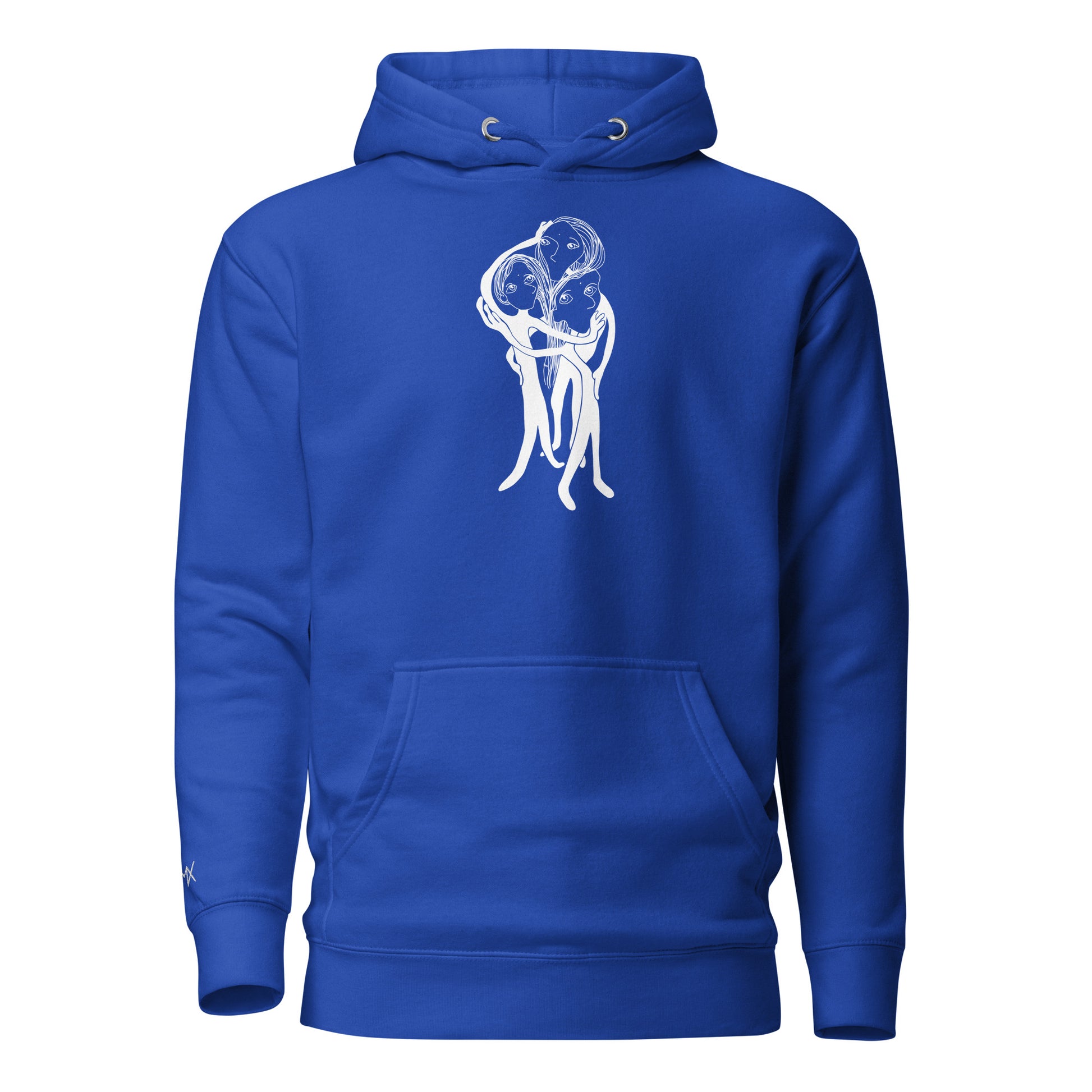 Kunstprint auf Hoodie vorne von PIMA, illustrierte Figuren auf weichem Stoff in Blau
