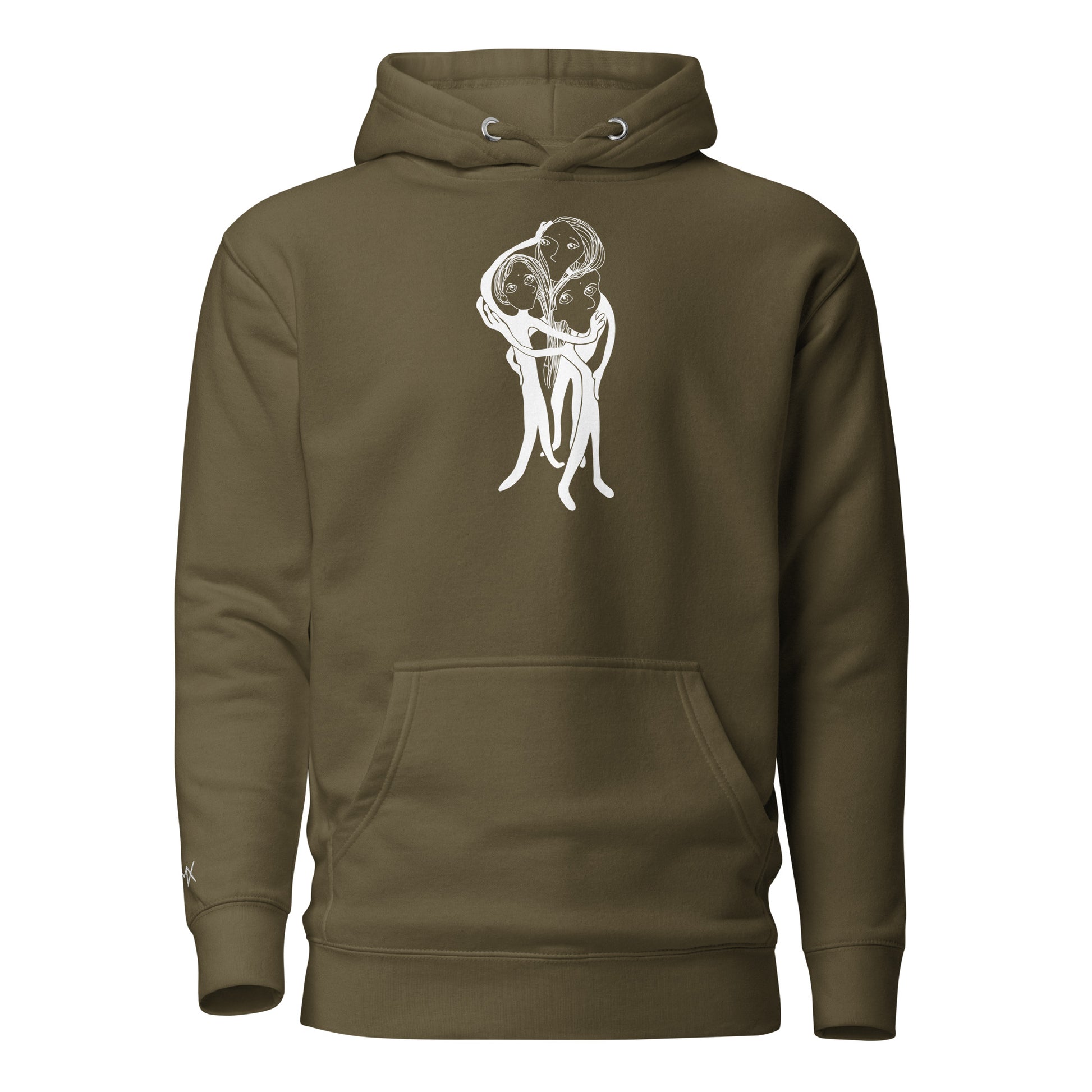 Kunstprint auf Hoodie vorne von PIMA, illustrierte Figuren auf weichem Stoff in Grün