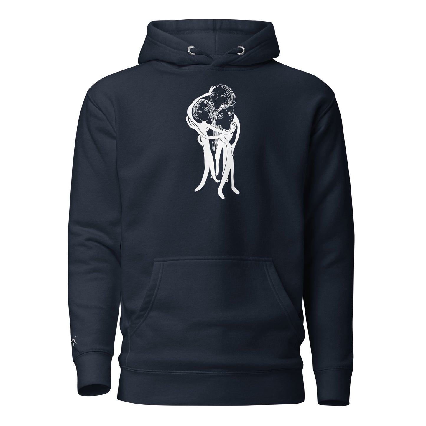 Detail Kunstprint auf Hoodie vorne von PIMA, illustrierte Figuren auf weichem Stoff in Navy