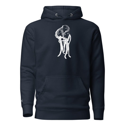 Detail Kunstprint auf Hoodie vorne von PIMA, illustrierte Figuren auf weichem Stoff in Navy