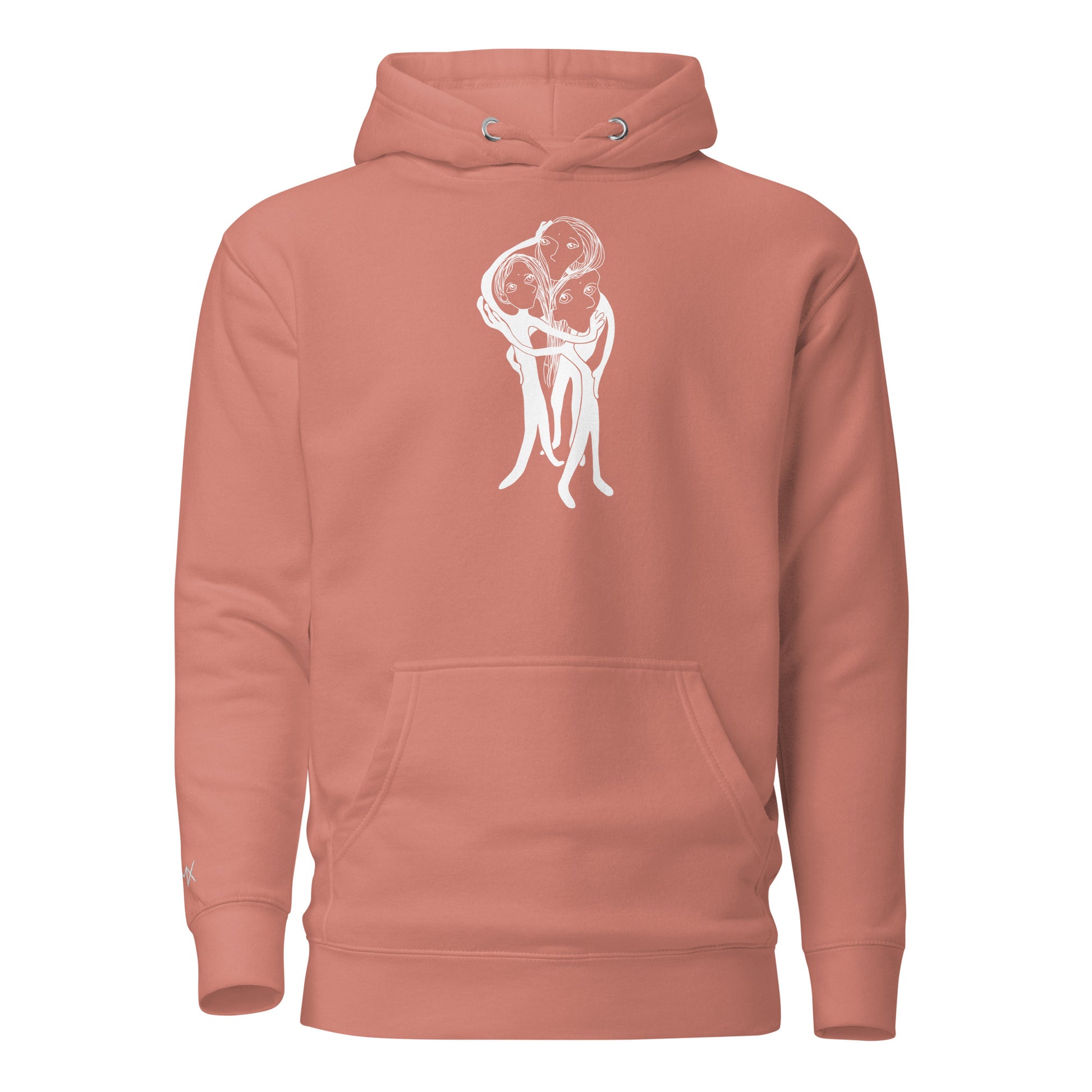 Kunstprint auf Hoodie vorne von PIMA, illustrierte Figuren auf weichem Stoff in Rosa