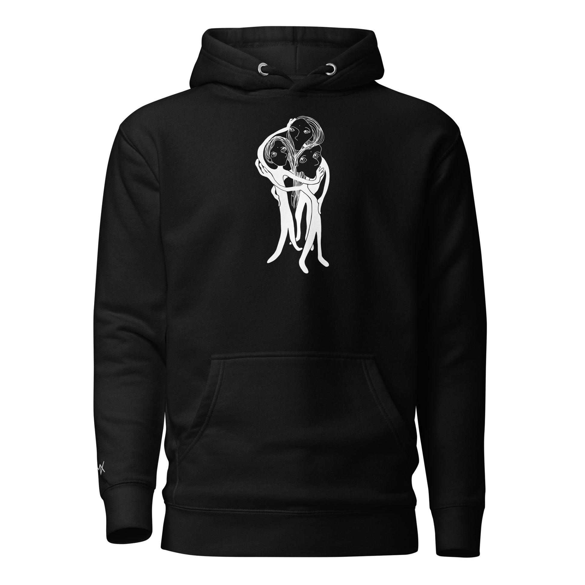 Unisex Hoodie vorne mit Kunstprint und von PIMA, illustrierte Figuren auf weichem Stoff in Schwarz
