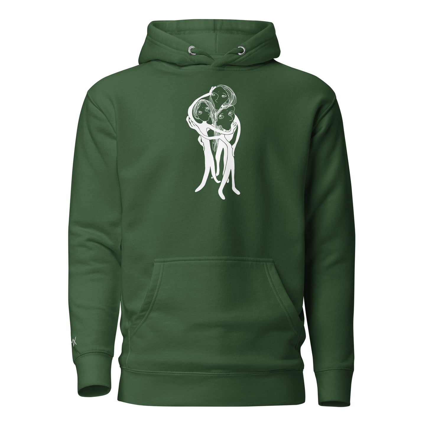 Kunstprint auf Hoodie vorne von PIMA, illustrierte Figuren auf weichem Stoff in Grün