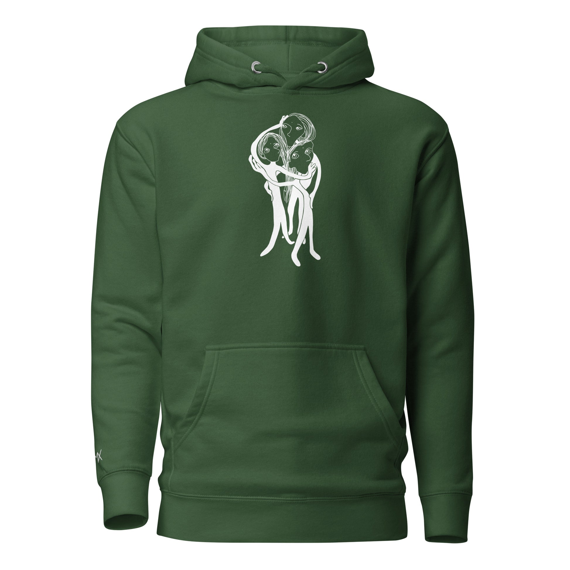 Kunstprint auf Hoodie vorne von PIMA, illustrierte Figuren auf weichem Stoff in Grün